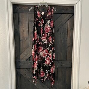 Sleeveless Asymmetrical Floral Dress in Black and Pink